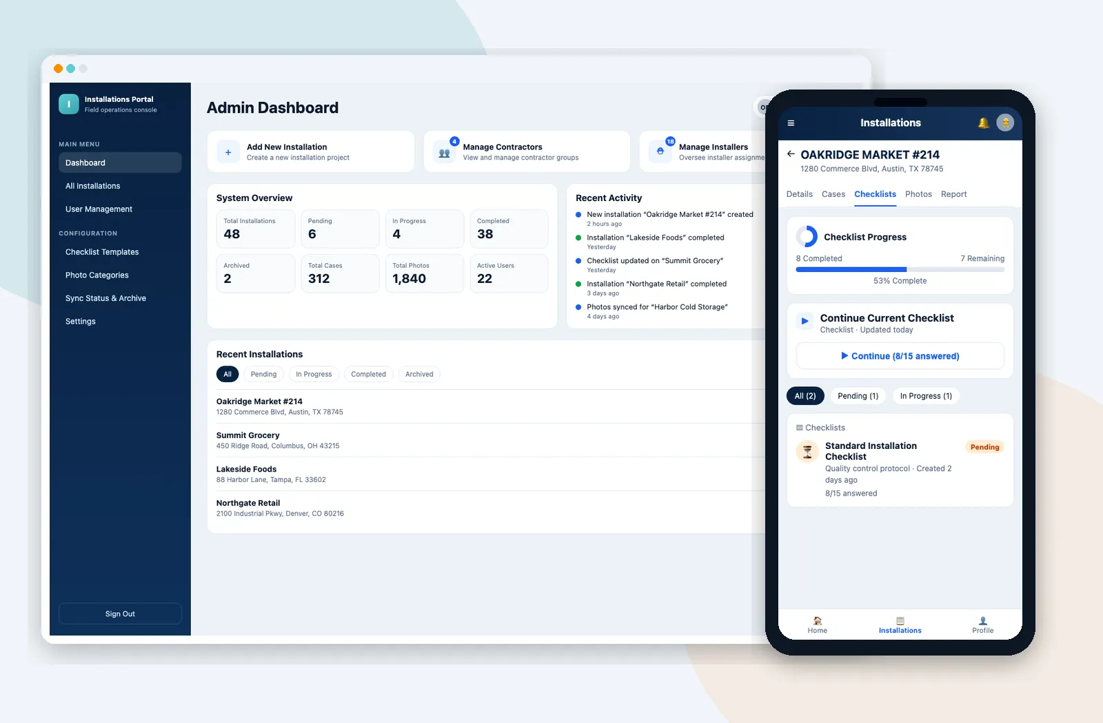 Project Installations admin console and mobile checklists with sample demo data